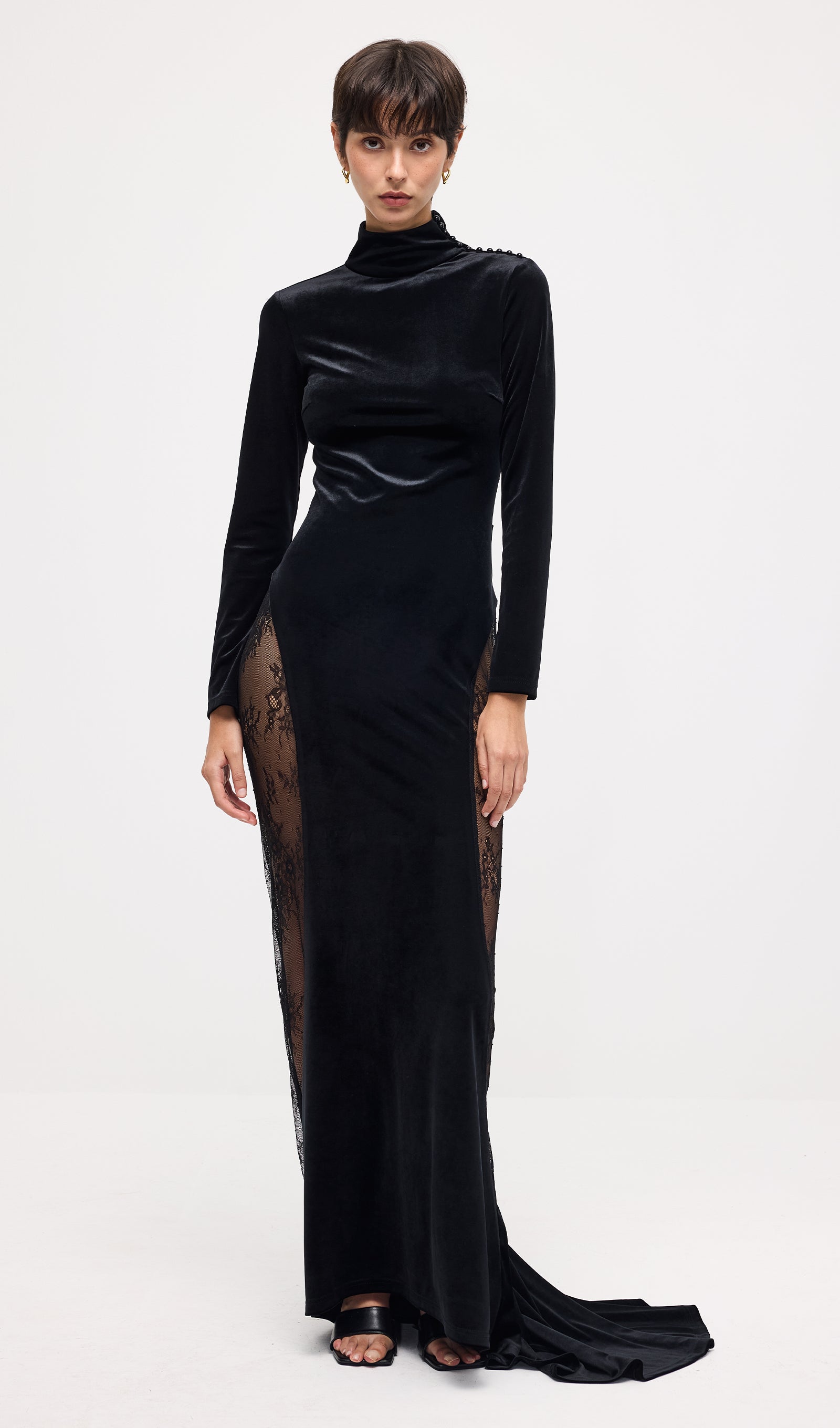 Semi-Sheer Lace Velvet Maxi Dress