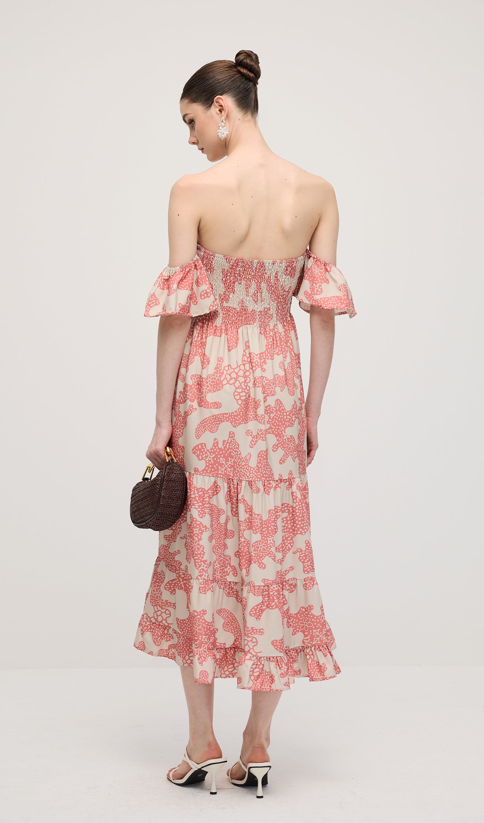 Off Shoulder Smocked Ruffle Printed Midi Dress