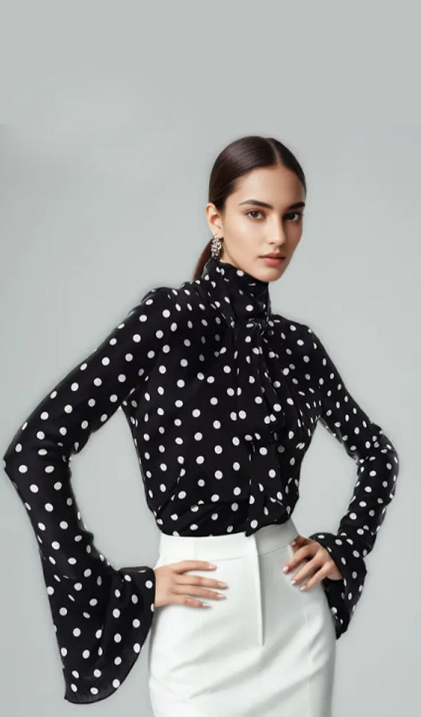 Lace-up Polka Dot Bell Sleeve Shirt Top