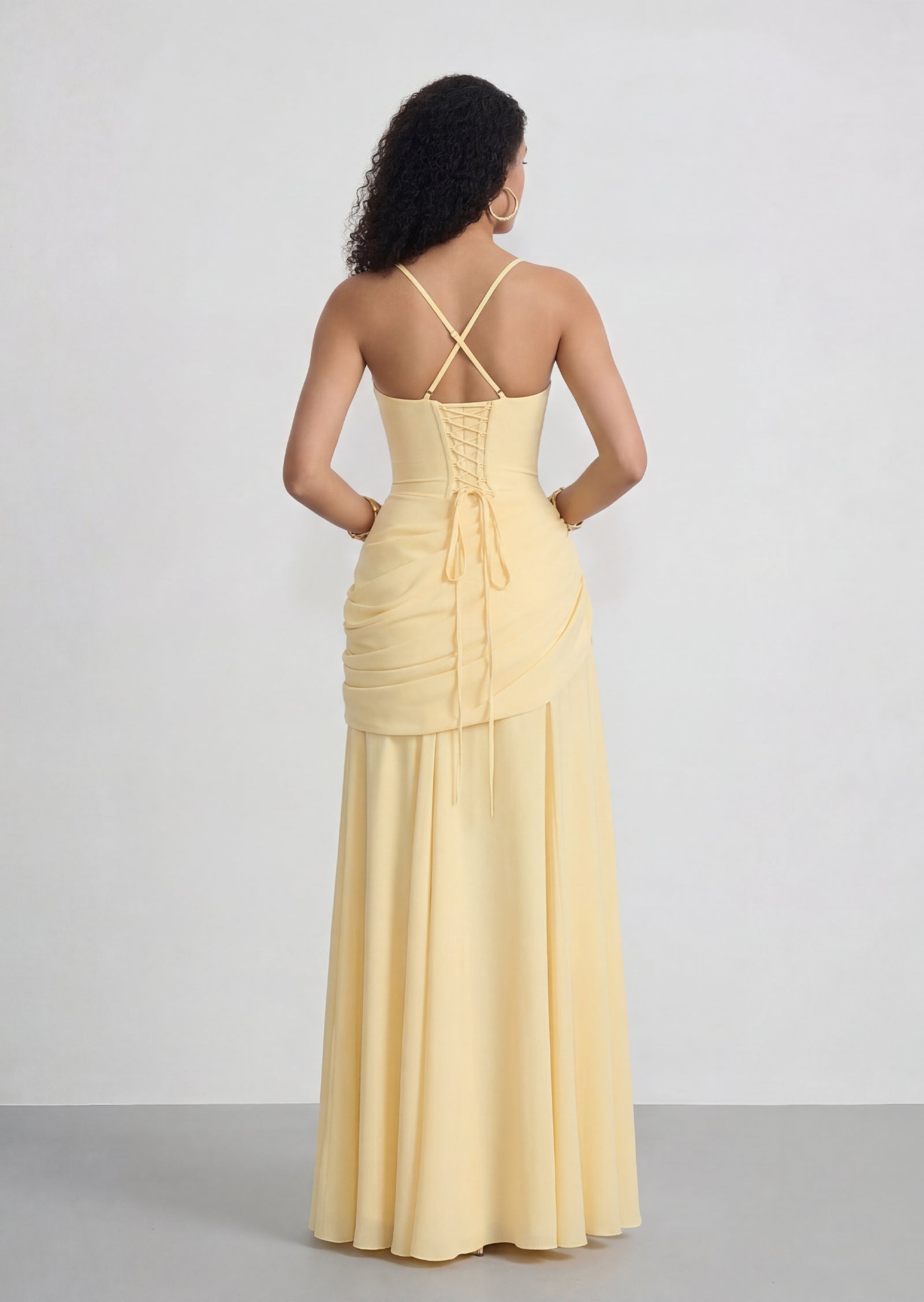 Sura Asymmetric Pleating Maxi Dress In lemon