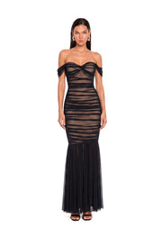Valeska Off Shoulder Fishtail  Maxi Dress In Black