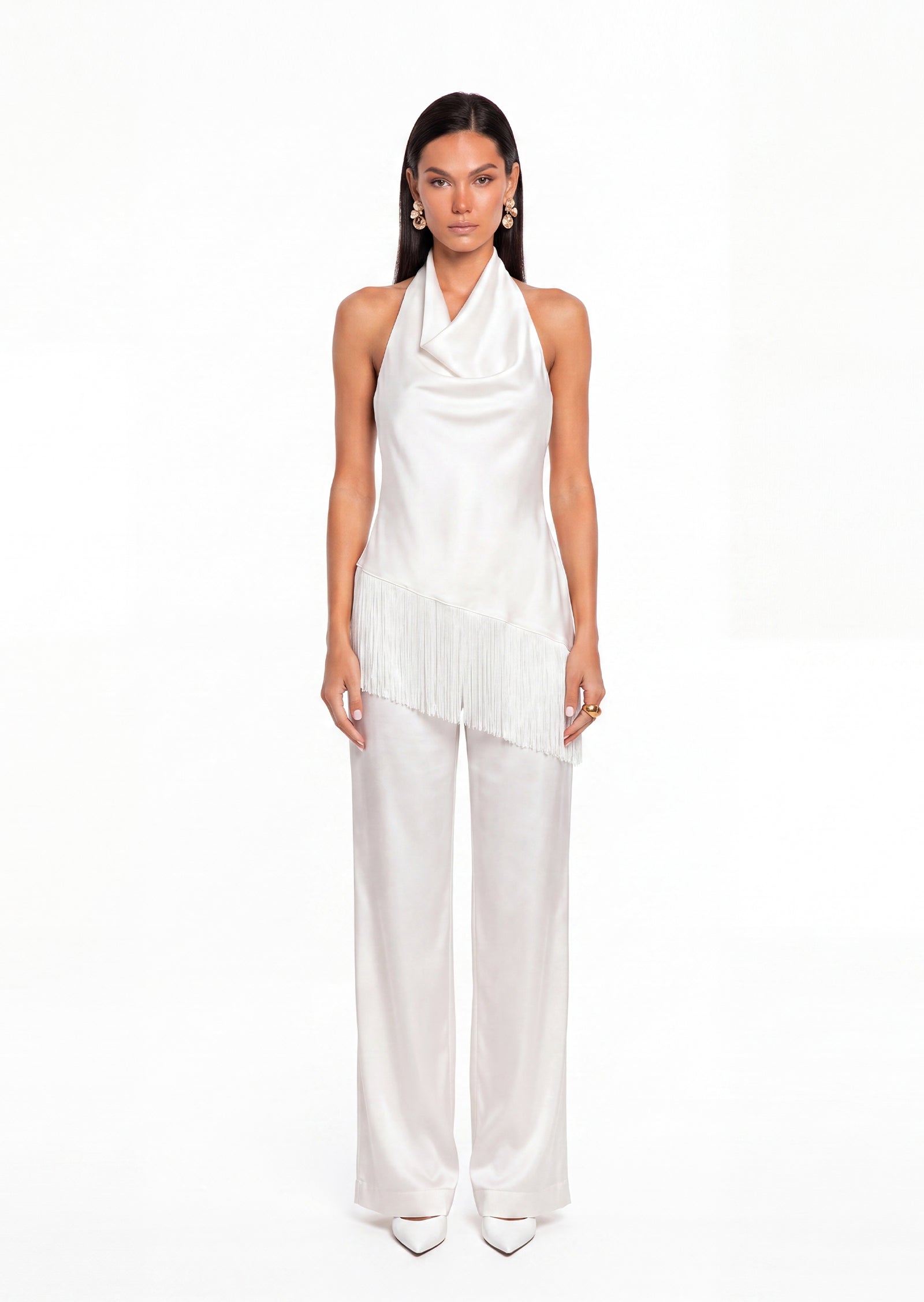 Wahkan Fringe Halter Top & Satin Pants Set In White
