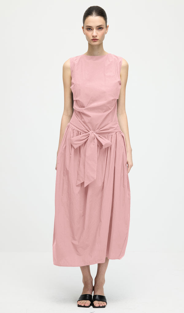 Solid Round Neck Sleeveless Midi Dress In Pink