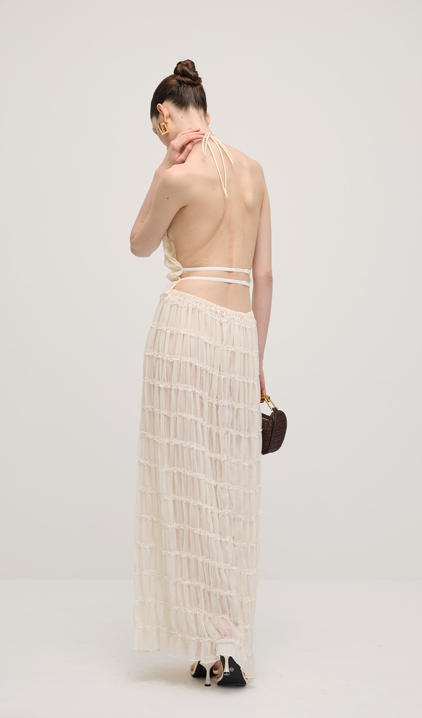 Halter Top & Ruched Detail Maxi Skirt Sets In White