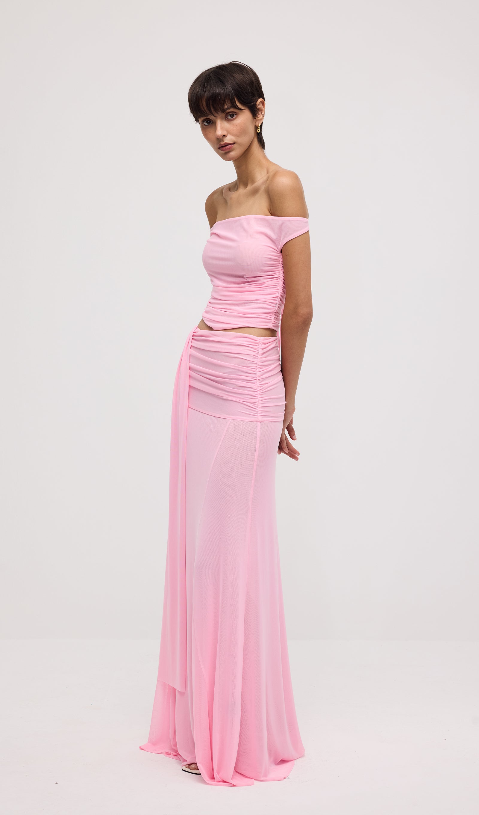 Mesh Top & Maxi Skirt In Pink