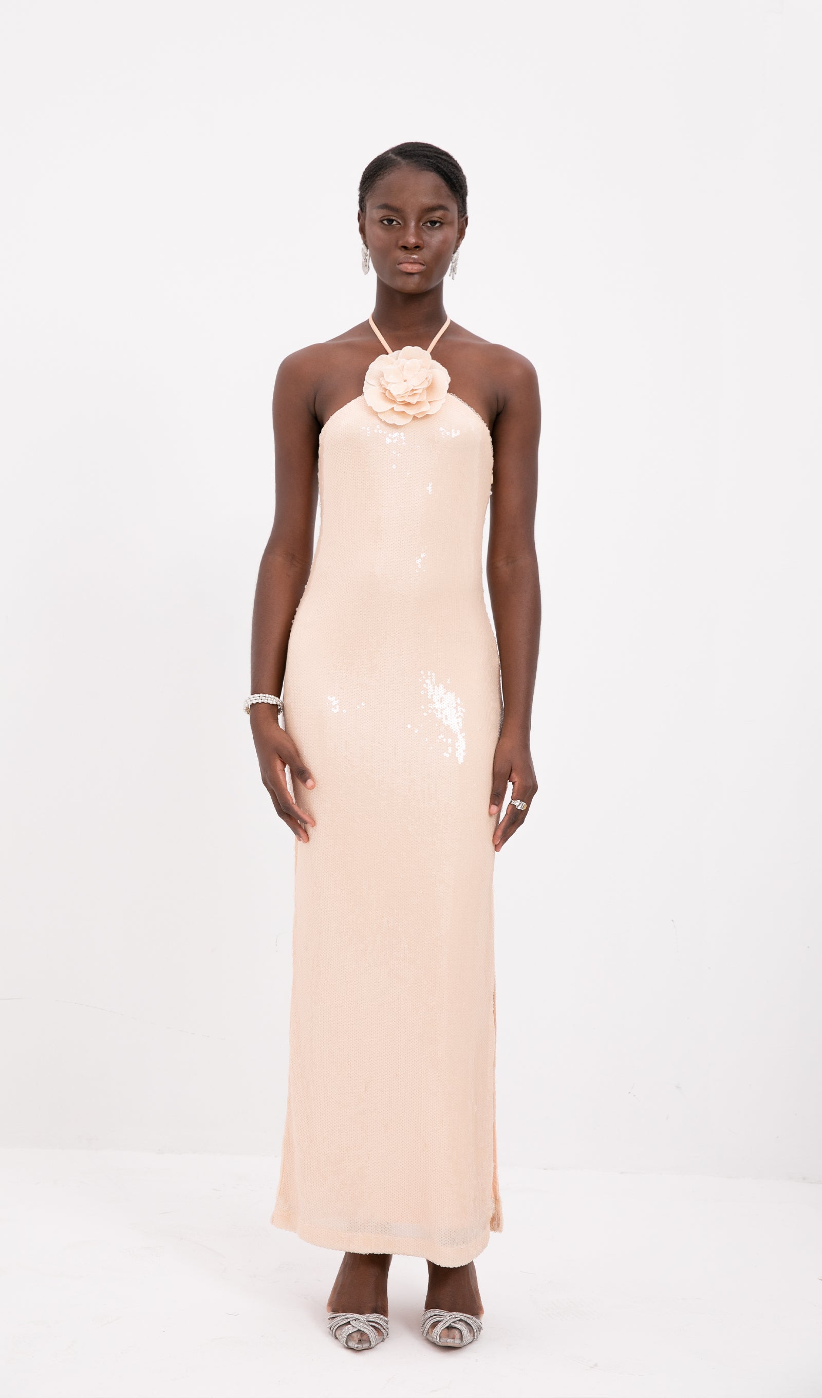 Trendy Floral Halter Neck Sequined Maxi Dress