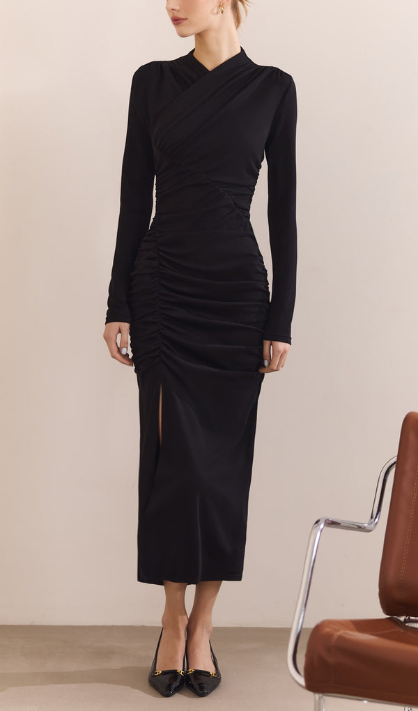 Knitted Asymmetrical Gathers Midi Dress In Black