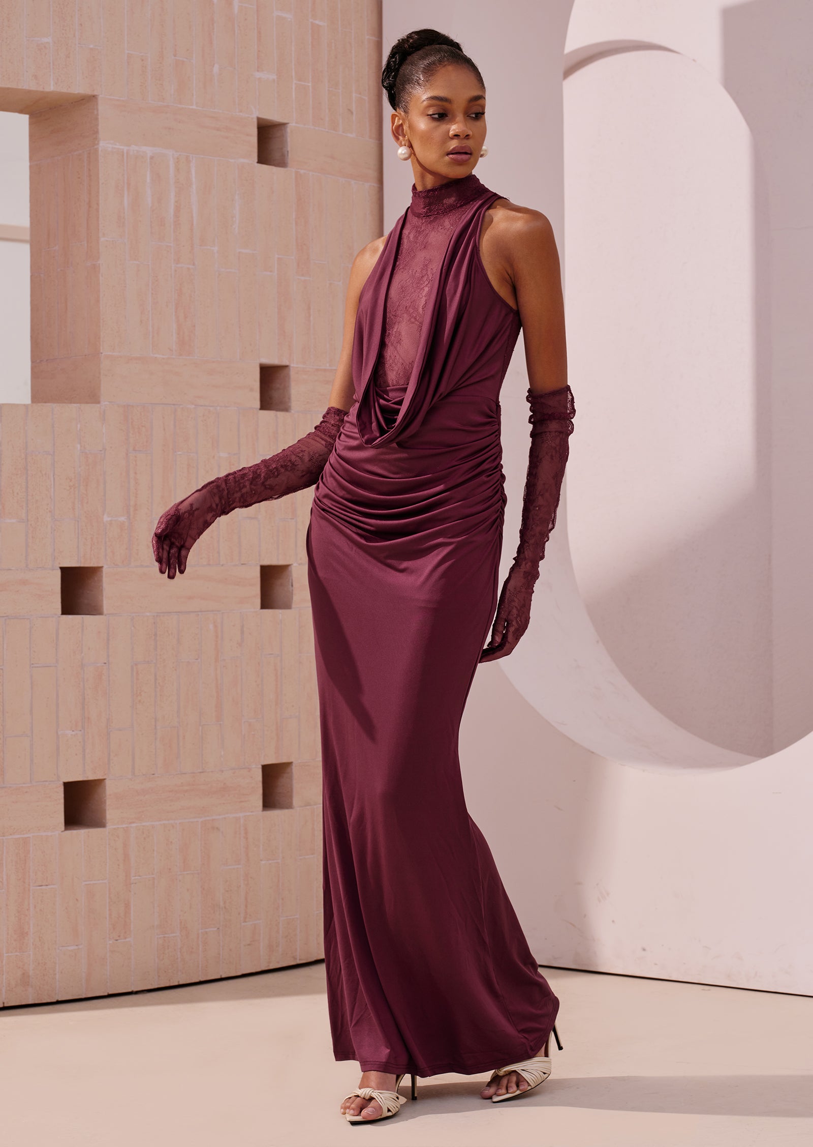 فستان ماكسي أنيق بدون أكتاف - أزرق فاتح 