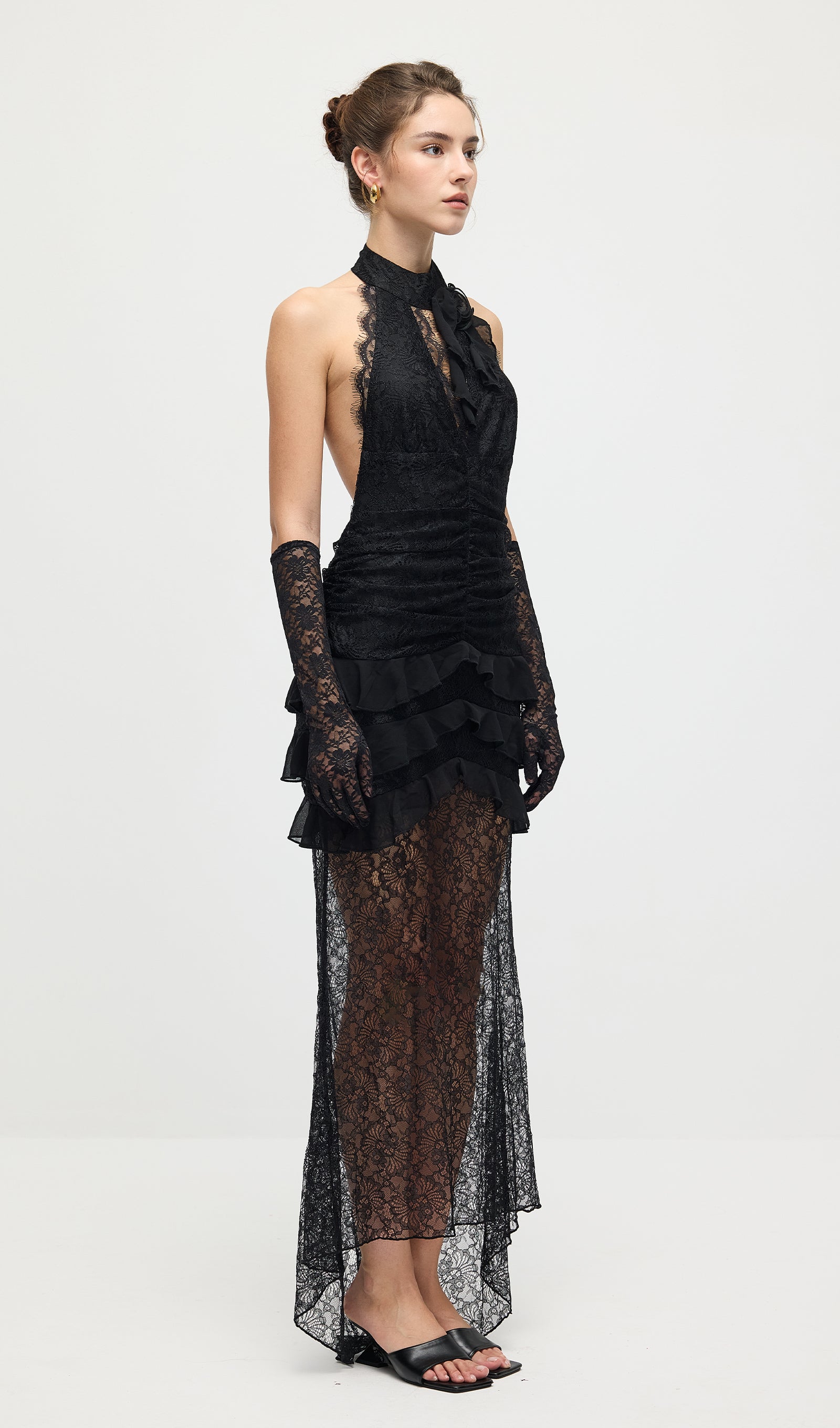 V Neck Ruffled Lace Maxi Dress