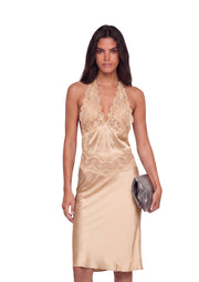 Fanta Satin Midi Dress With Lace In Apricot