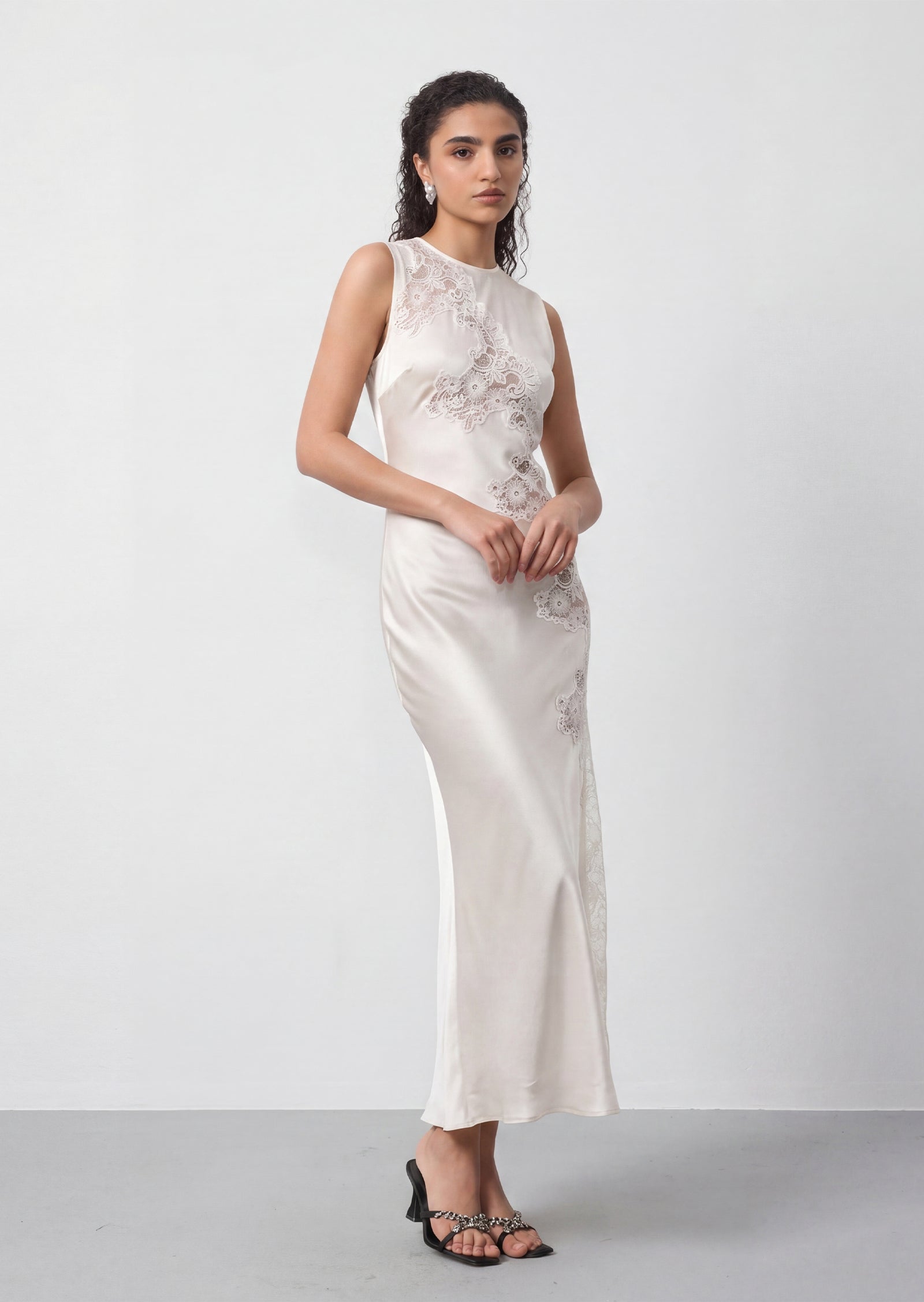 Quilla Lace Satin Midi Dress In White