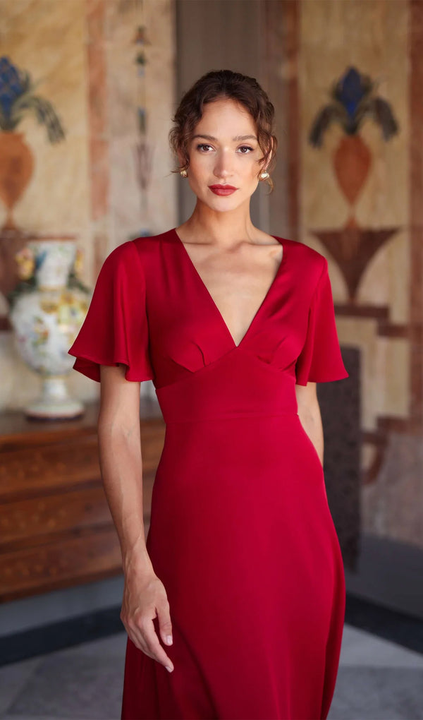 V Neck Evening Midi Dress-Red