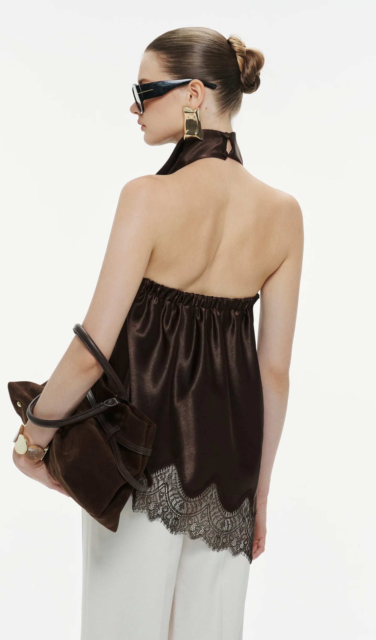 Silk Draped Halter Top In Brown
