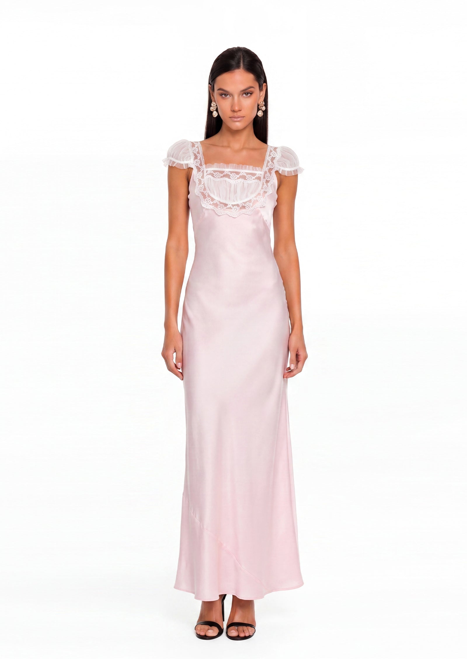 Fadia Satin Maxi Dress With Lace In Pink