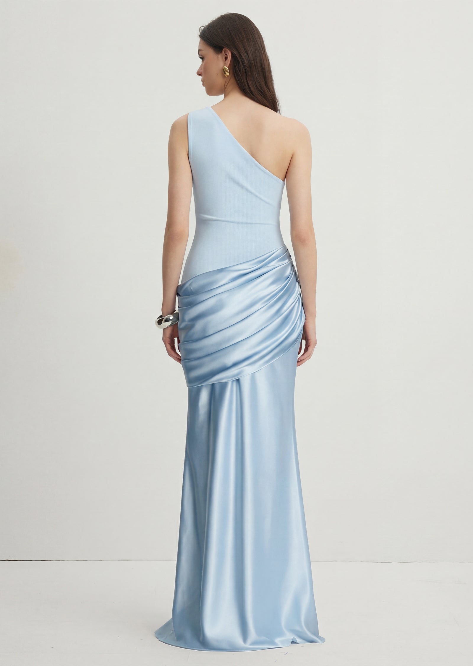 One Shoulder Pleated Maxi Dress In Glacier Blue