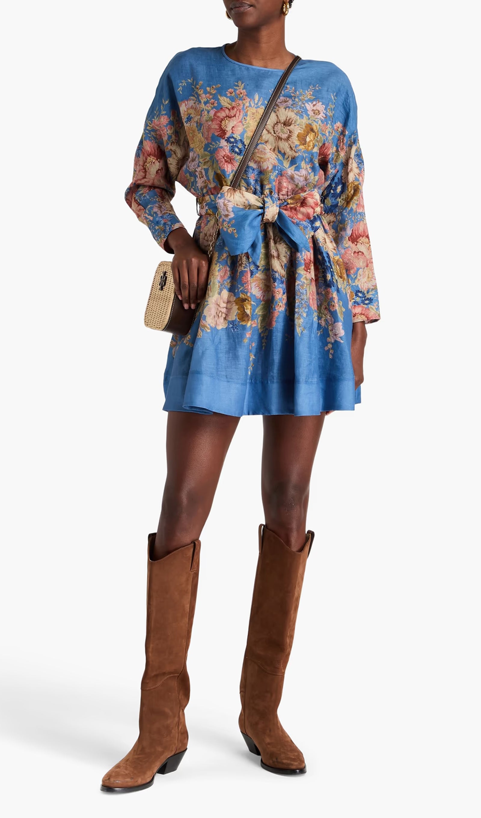 Belted Floral Print Linen Mini Dress
