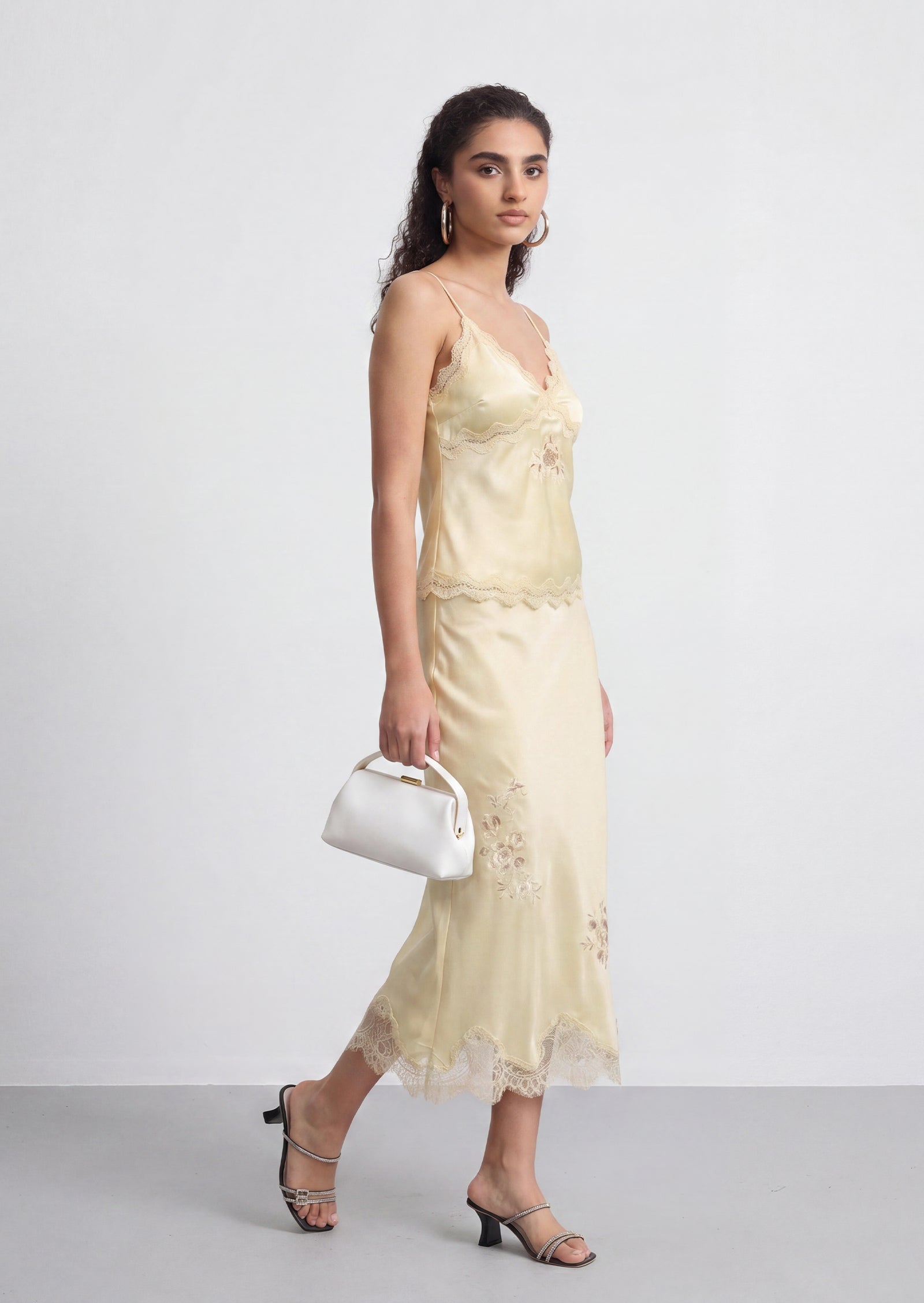 Vivia Satin Lace Midi Skirt Set In Pale Yellow