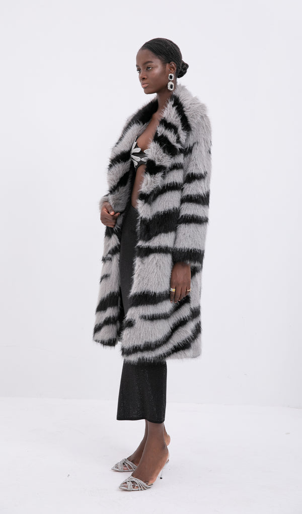 Trendy Faux Fur Zebra Print Coat