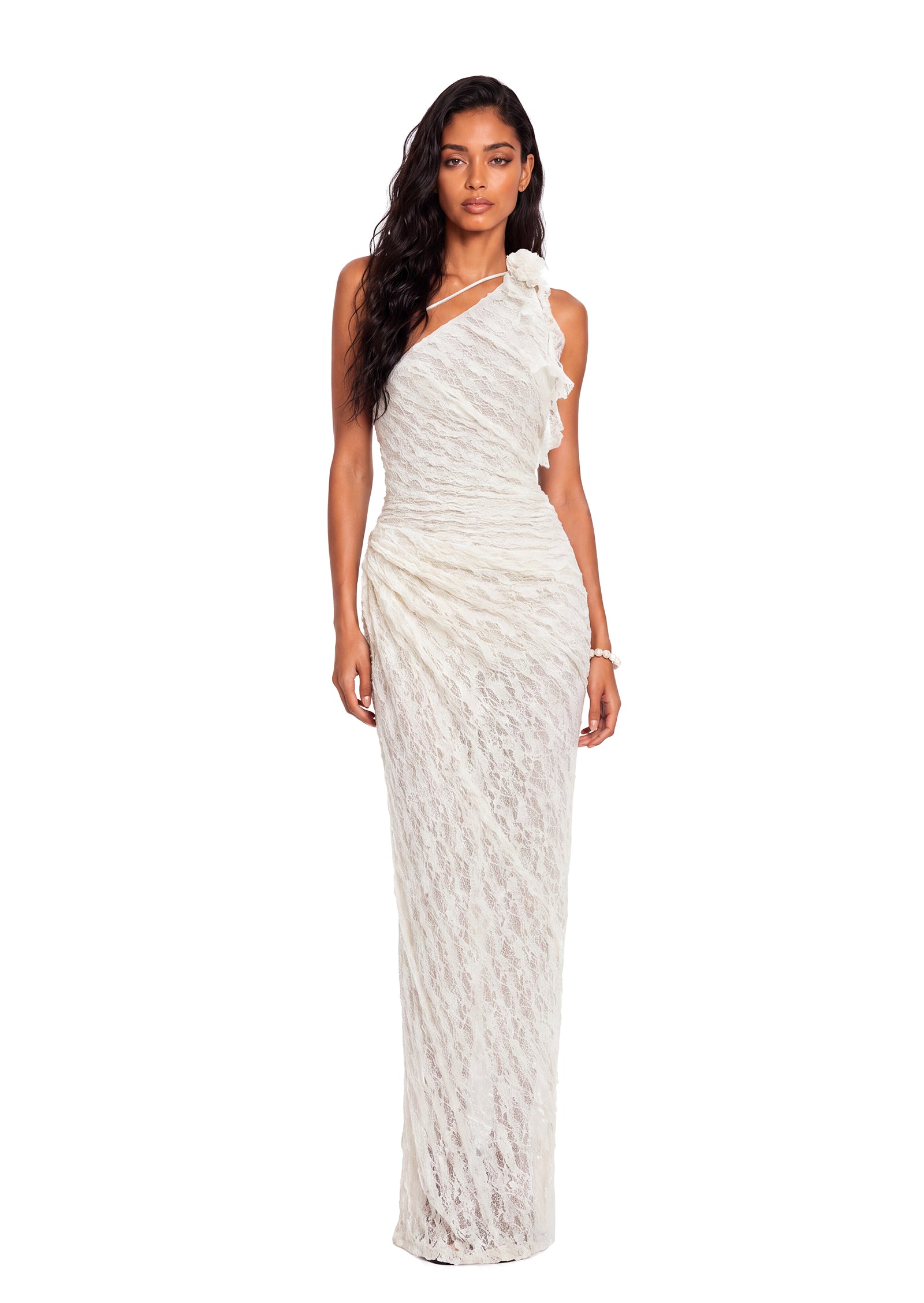 Wade One Shoulder Lace Maxi Dress In White