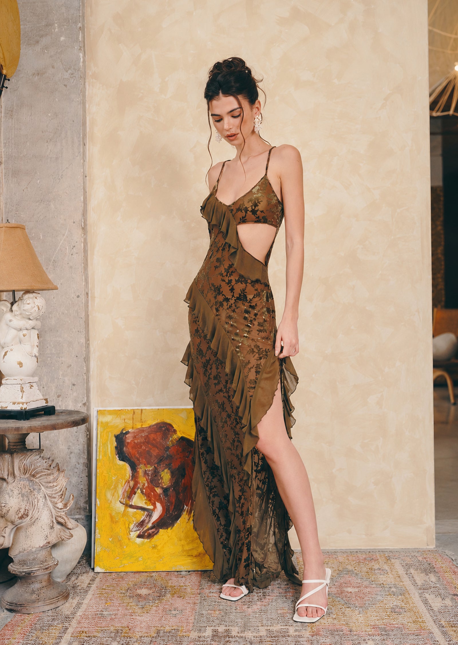 Midikleid in A-Linie mit Blumenmuster und Laternenärmeln