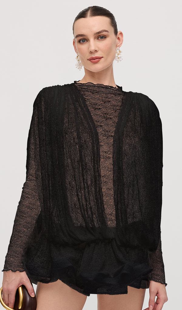 Lace Semi Sheer Ruffled Mini Dress In Black