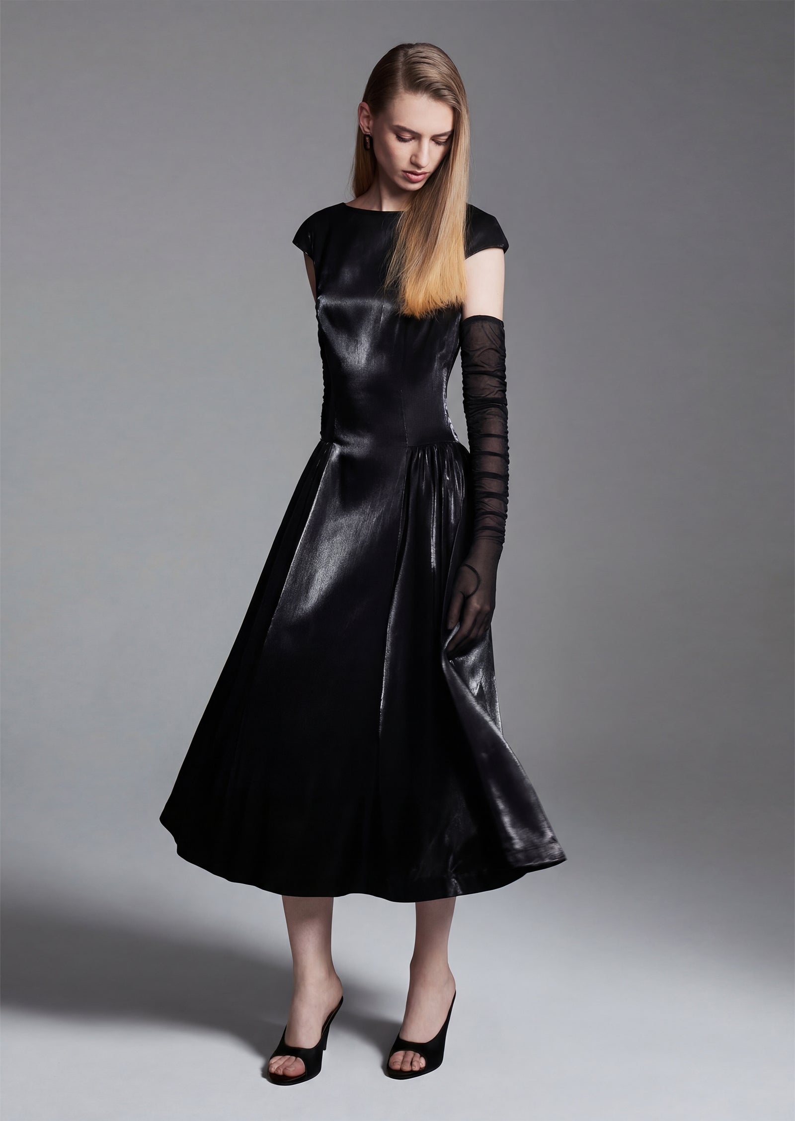 Shiny Midi Dress With Gathered Skirt