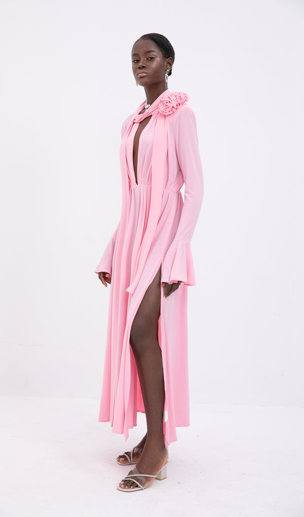 Trendy V-Neck Pleated Slit Maxi Dress-Pink