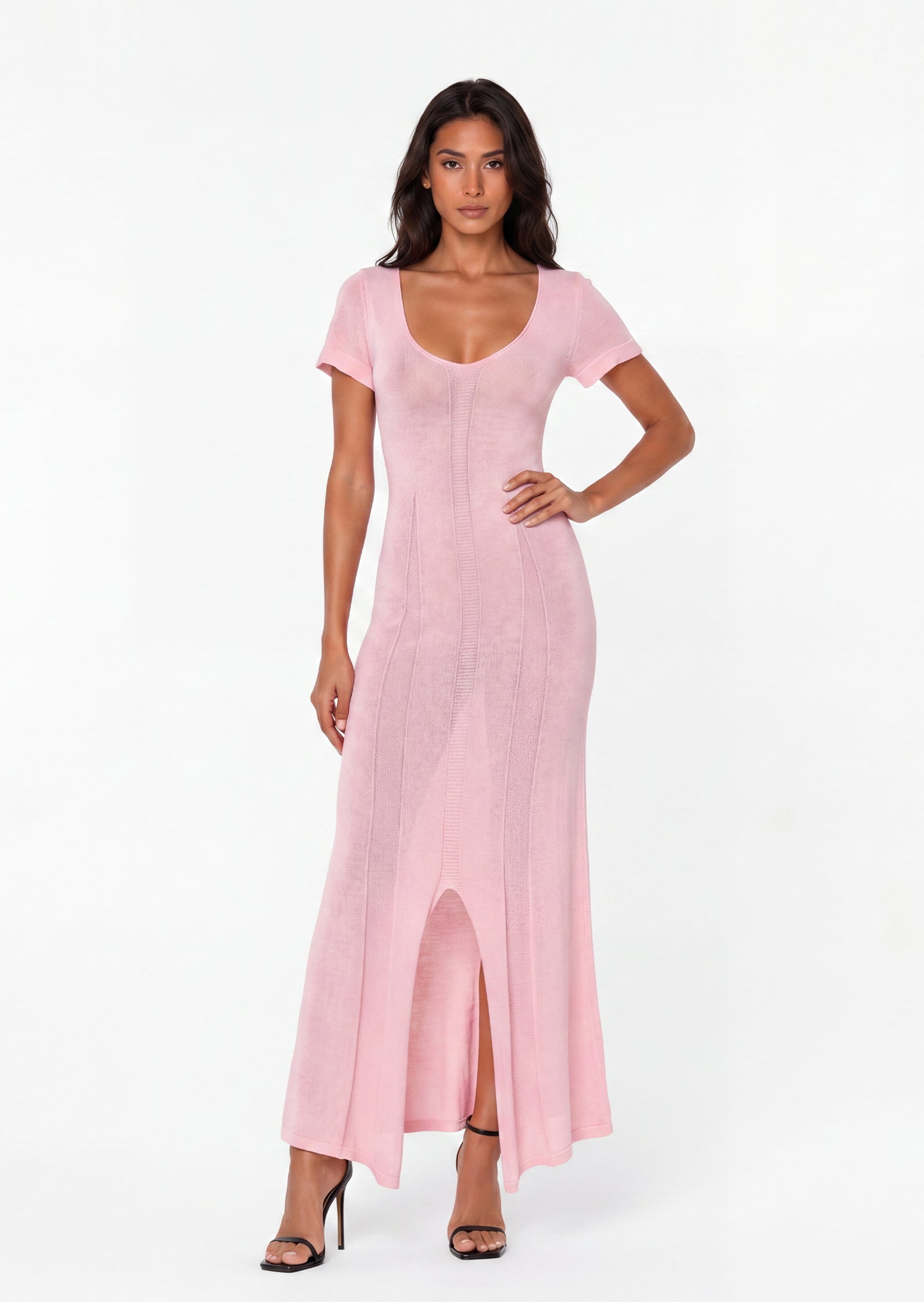 Brielle Ribbed Knit Maxi Dress In Pink