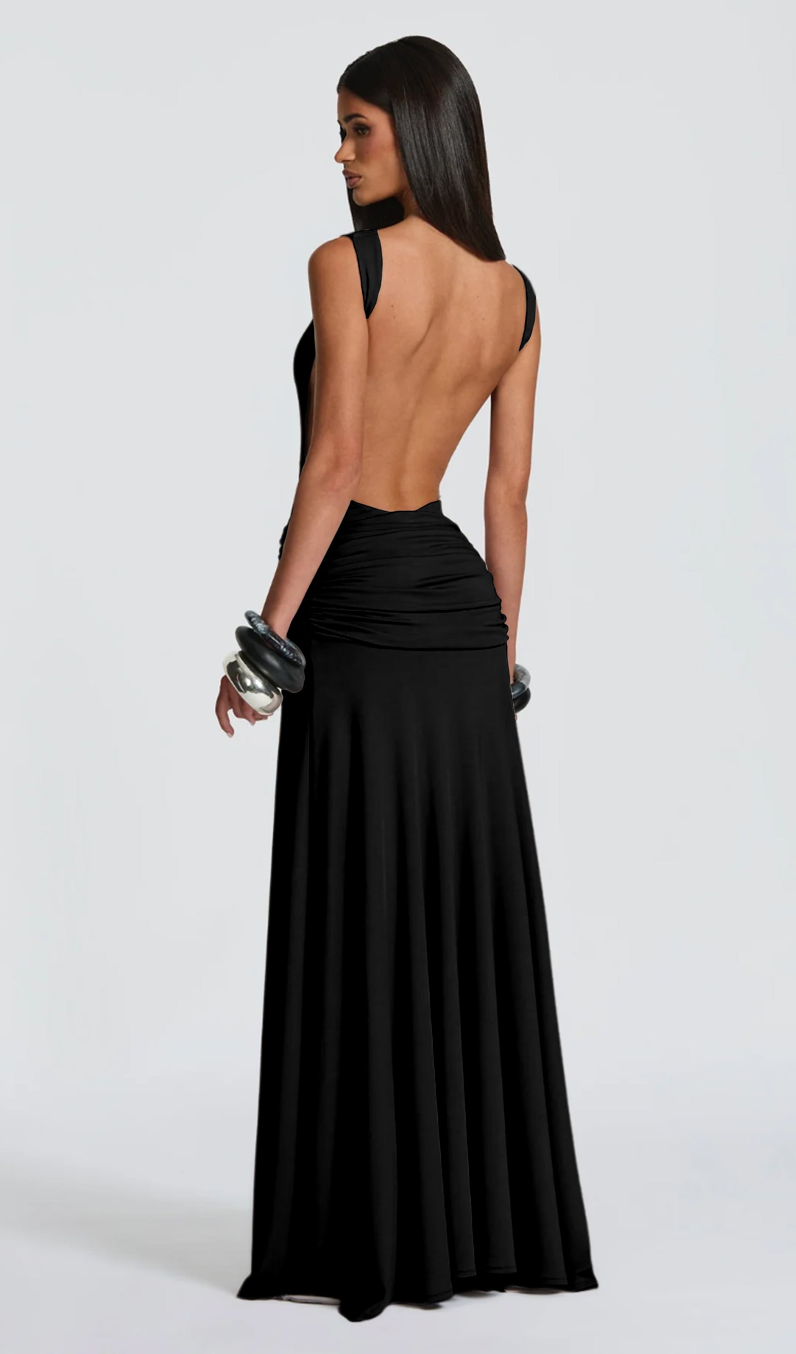 Open Back Bodysuit & Maxi Skirt Set In Black