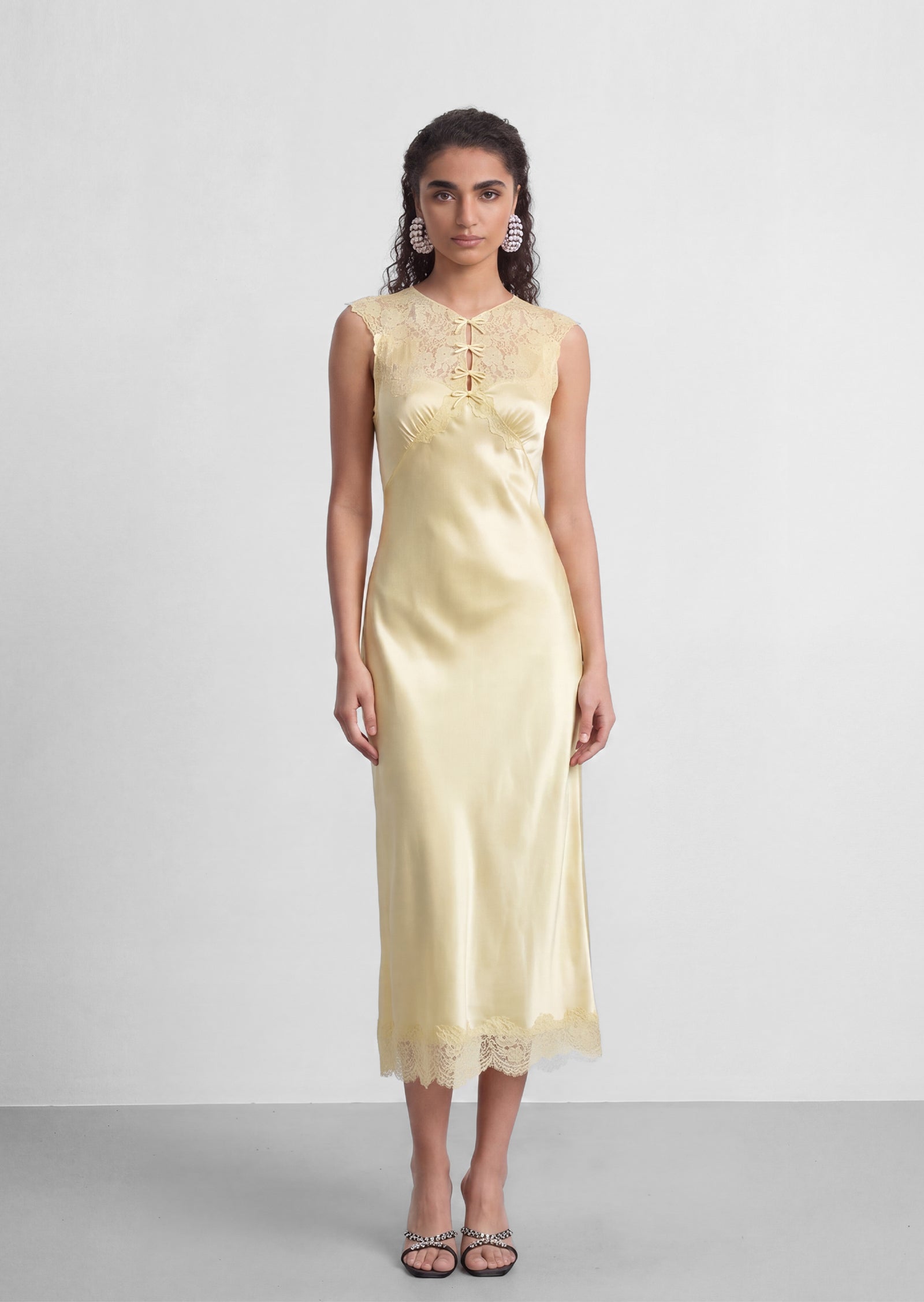 Marcelle Satin Midi Dress With Lace In Pale Yellow