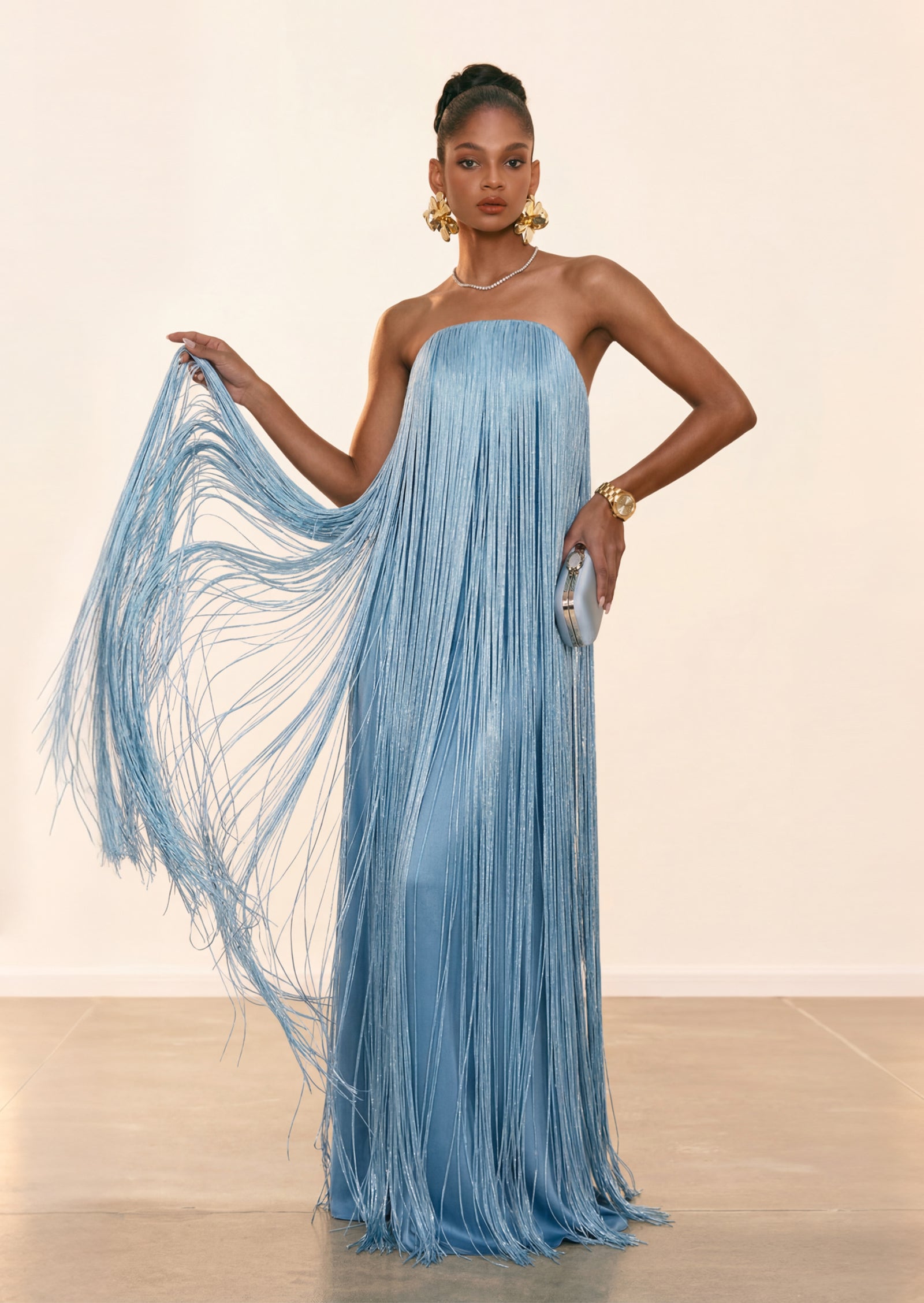 Maely Tassel Strapless Maxi Dress In Blue