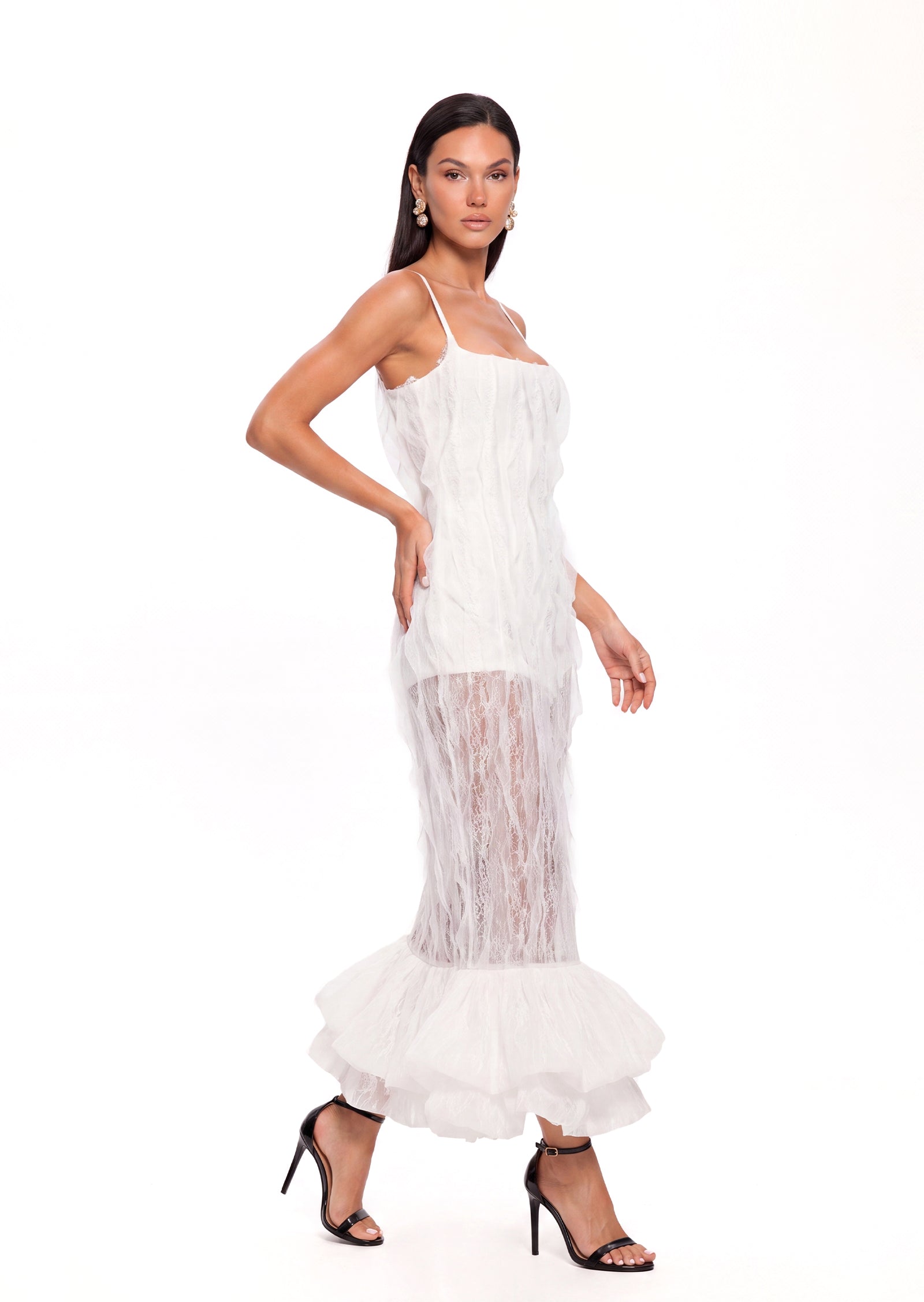 Adah Semi-Sheer Lace Dress In White