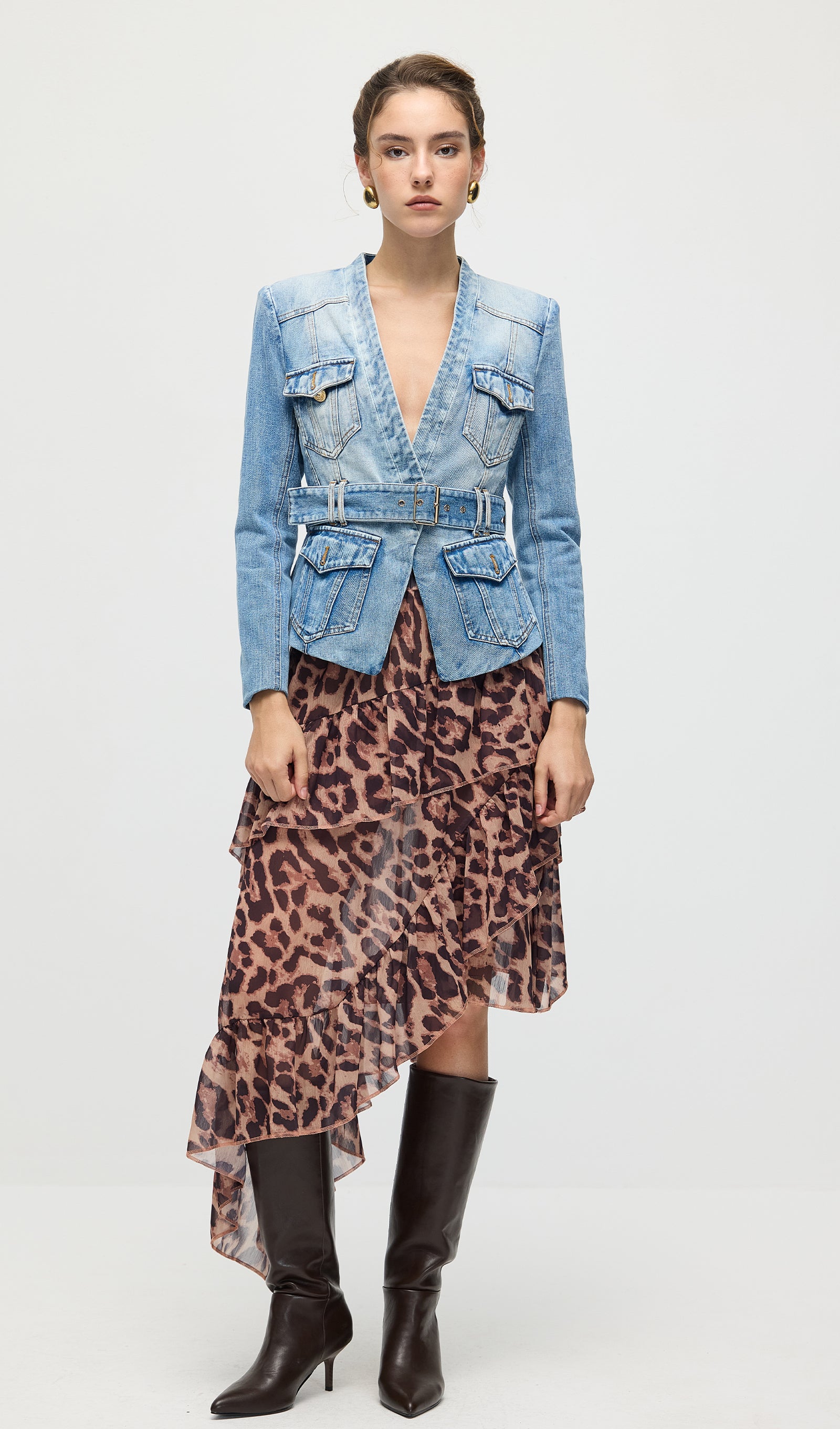 Solid V Neck Blue Denim Jacket With Belt