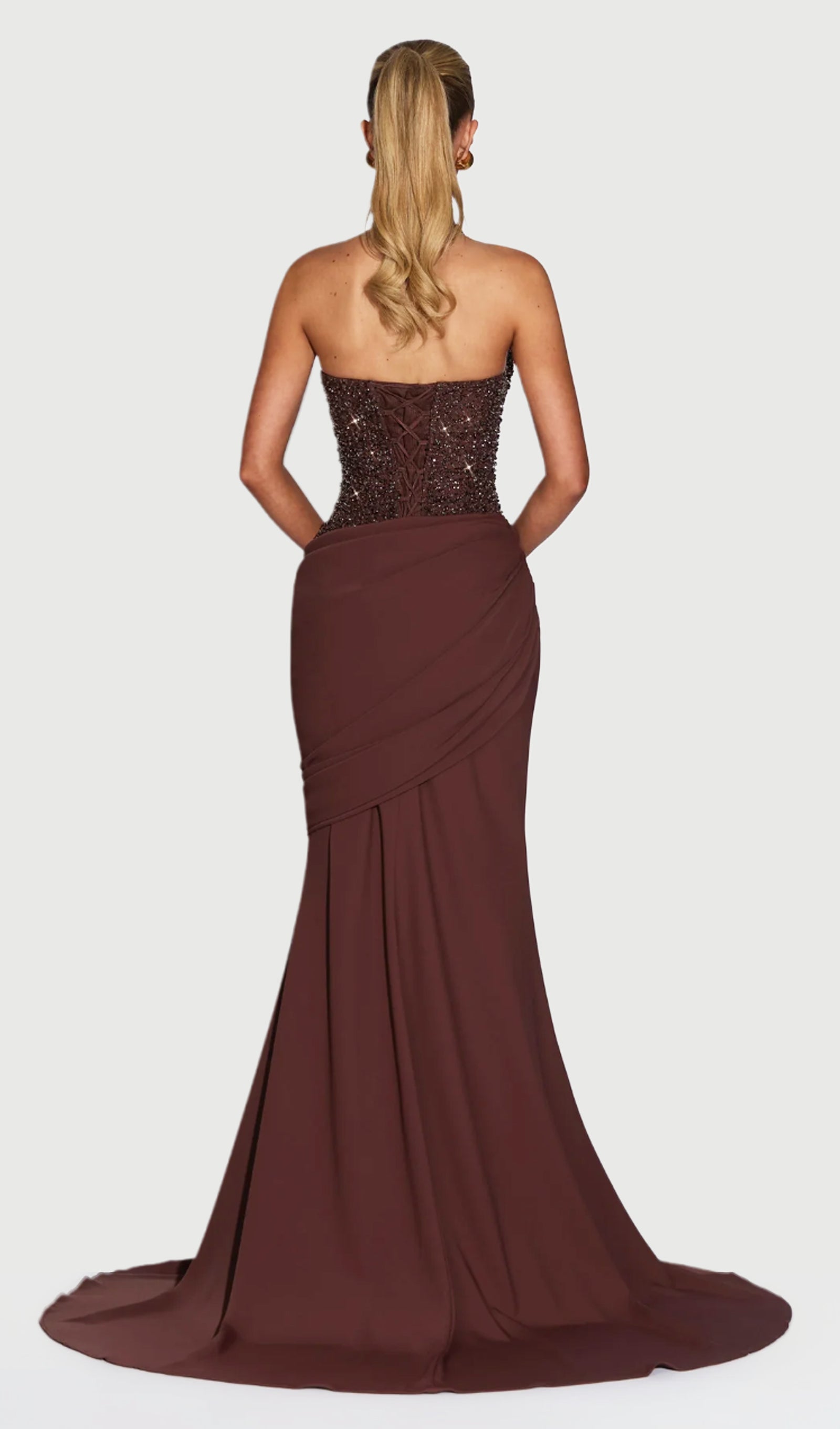 Embellished Pleated Asymmetric Draped Gown