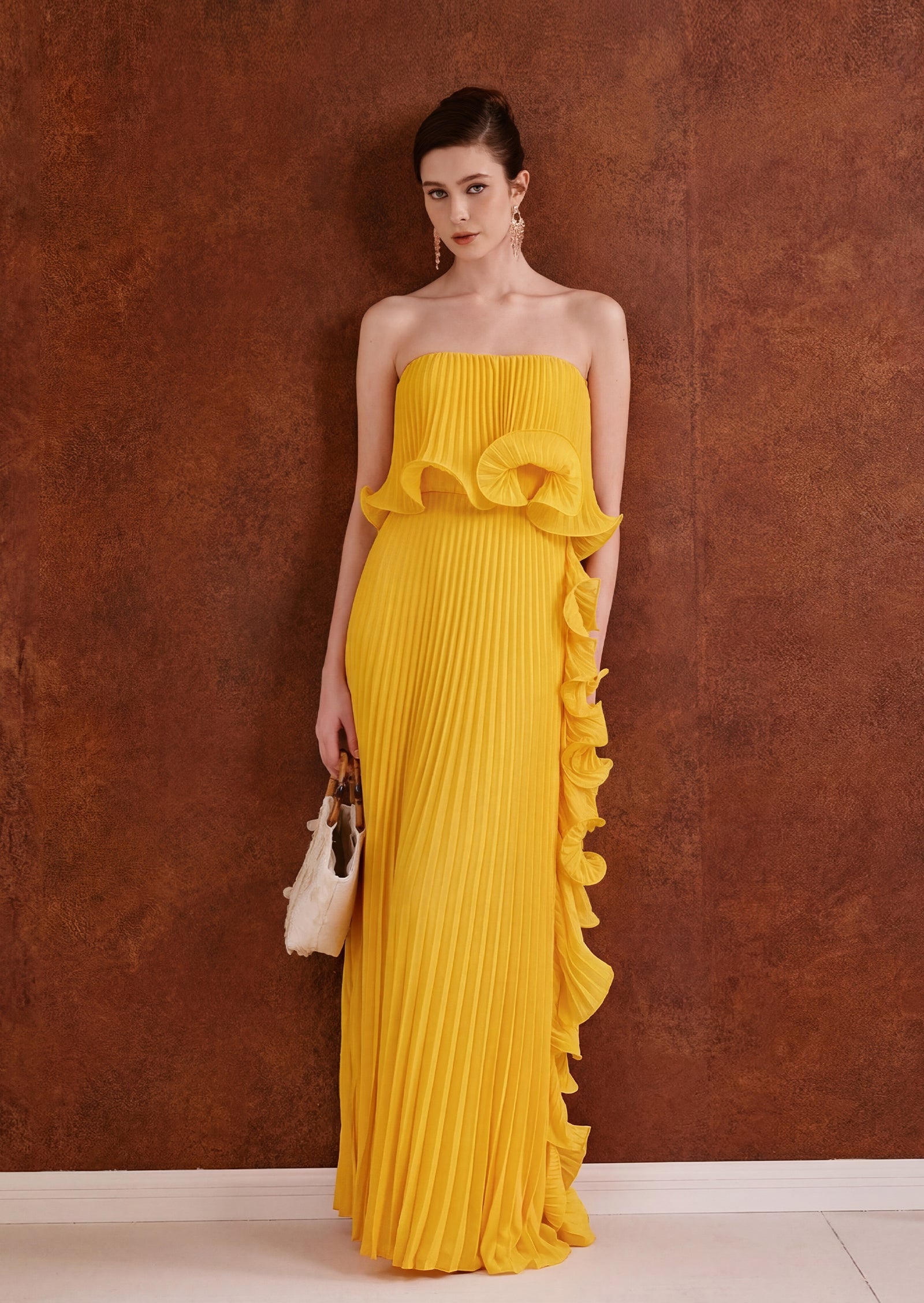 Norma Strapless Ruffled Pleated Maxi Dress In Yellow