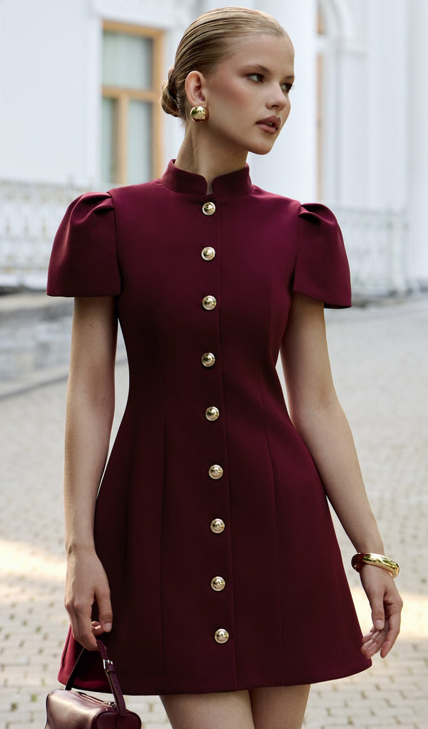 Mini Fitted Dress With Large Buttons In Claret
