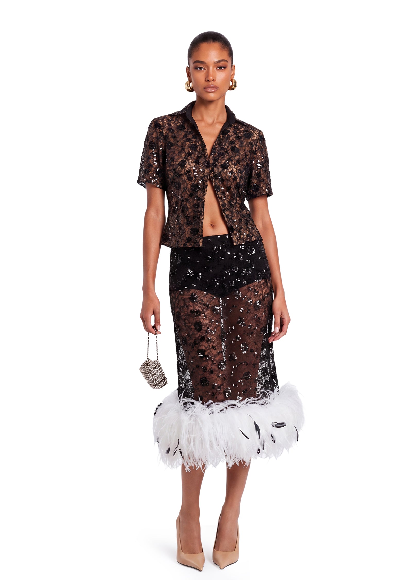 Uhuro Sequined Shirt & Feather Midi Skirt Set