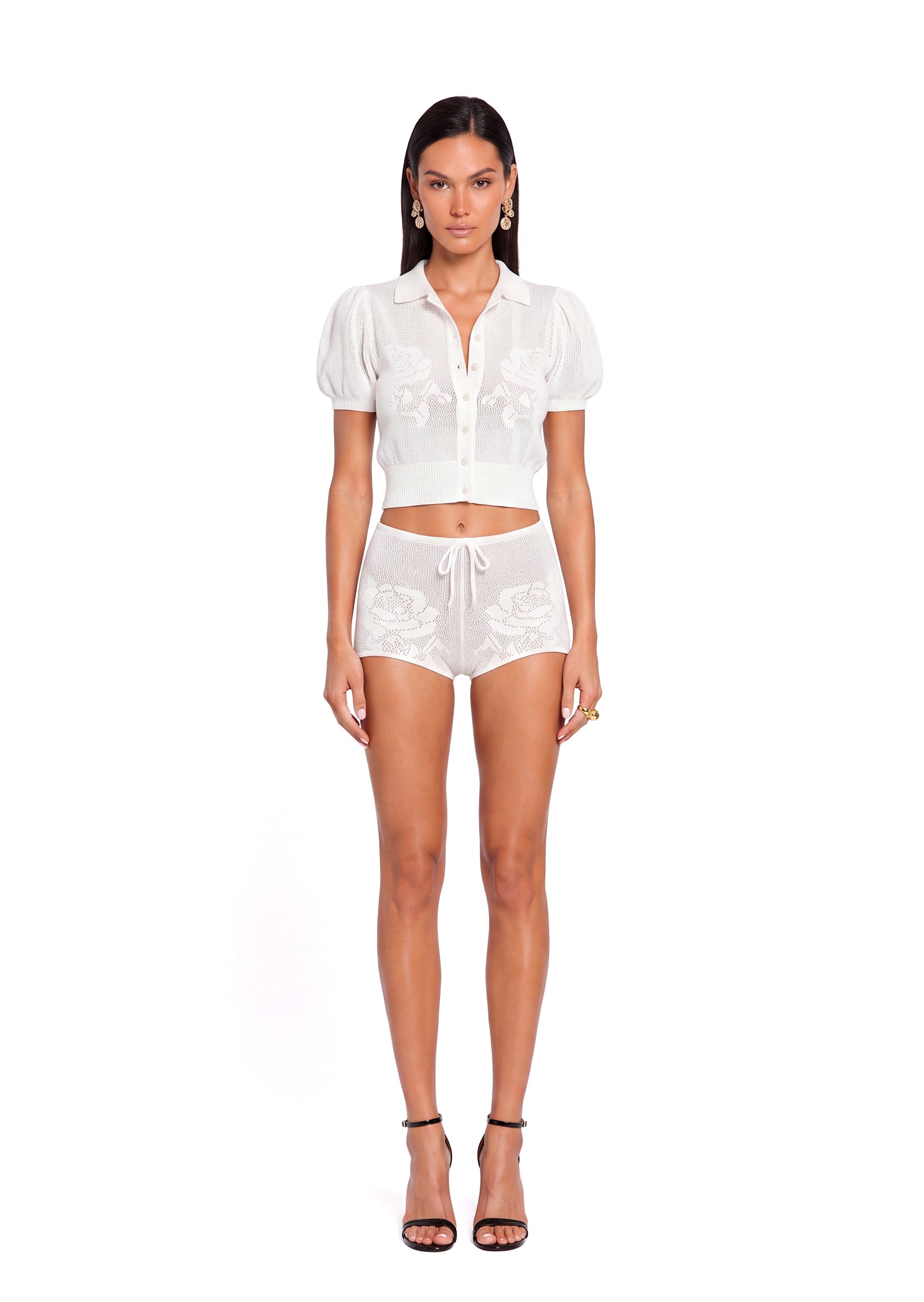 Yaritza Knitted Openwork Cropped Top & Mini Shorts Set
