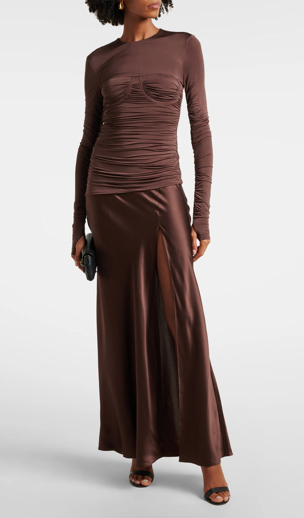 Draped Jersey And Satin Maxi Dress-Brown