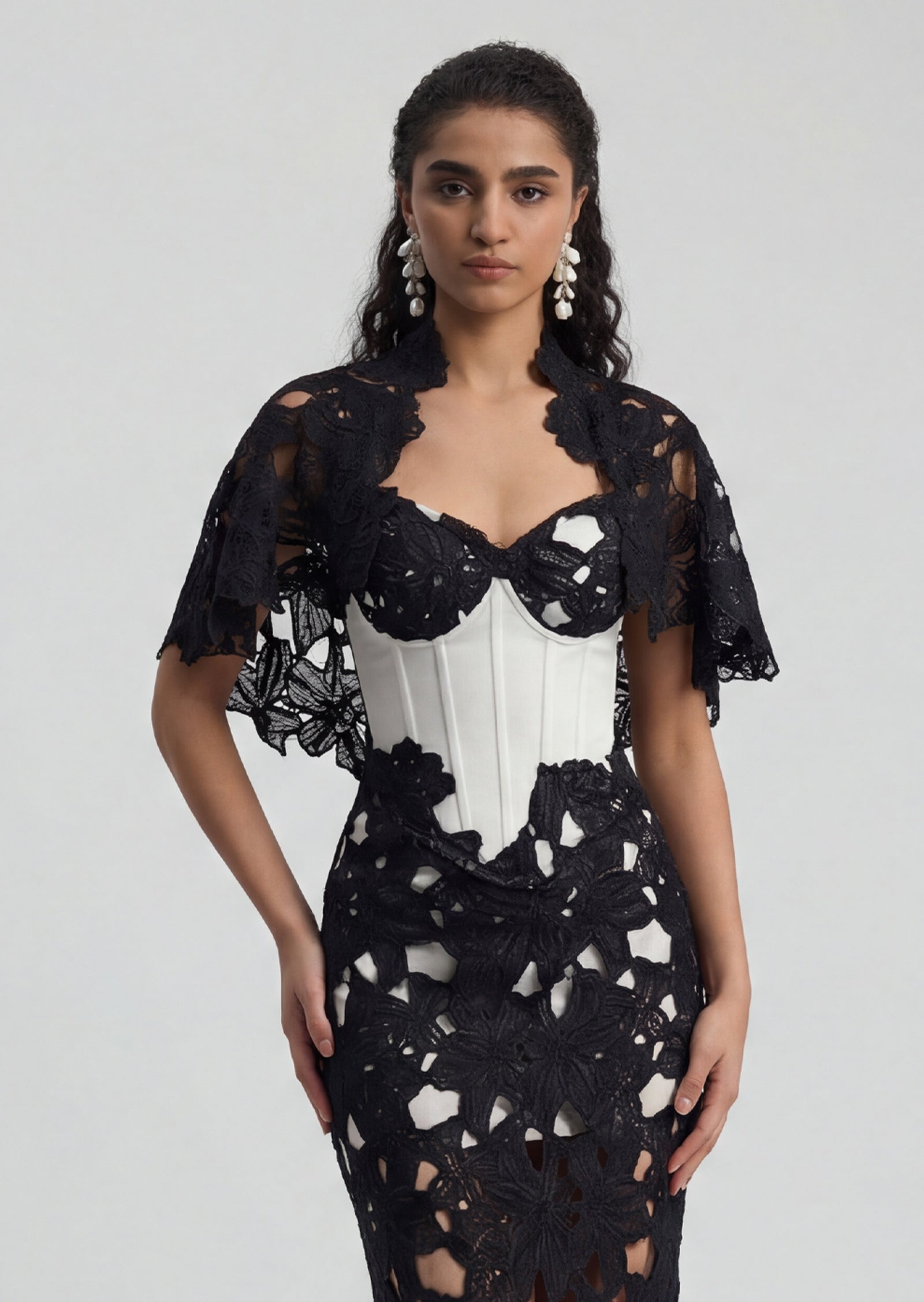 Ryan Lace Fishbone Dress With Lace Shawl
