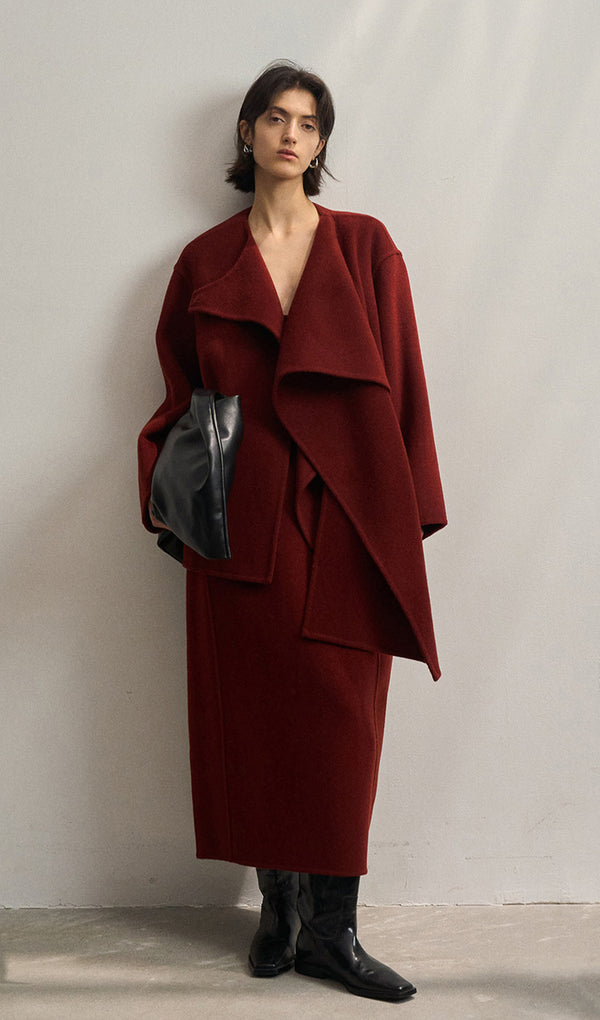 Solid Cape Style Coat-Wine Red