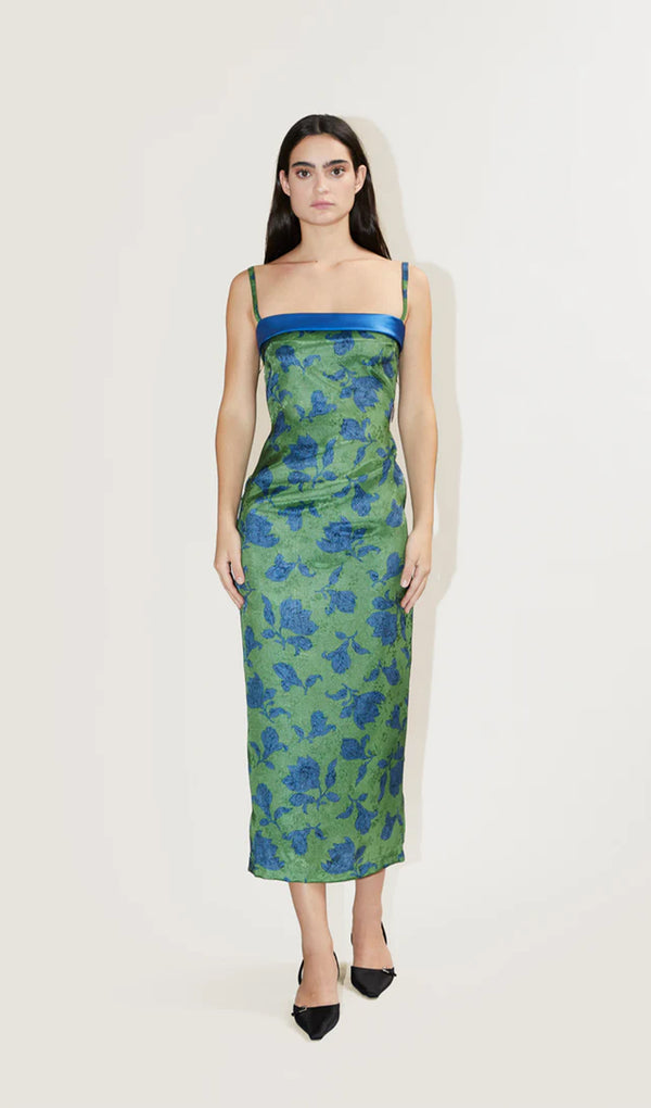 Blue-Flowered Pattern Midi Dress