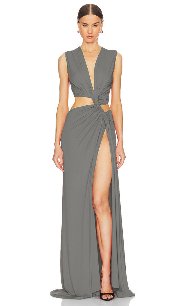 One-Shoulder Cut-Out Maxi Dress-Grey