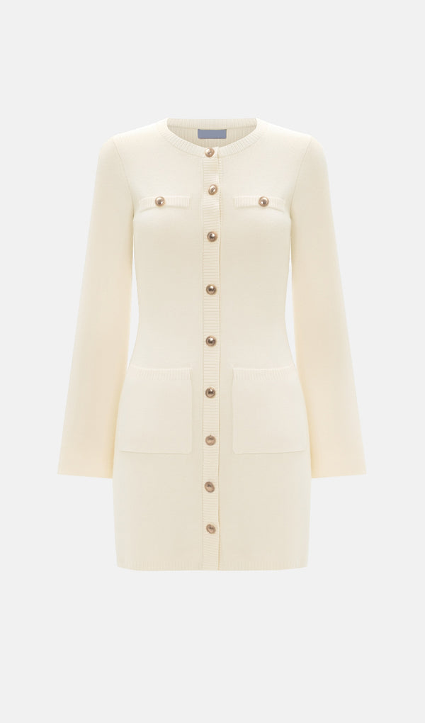 Flared Sleeves Knitted Mini Dress-Cream