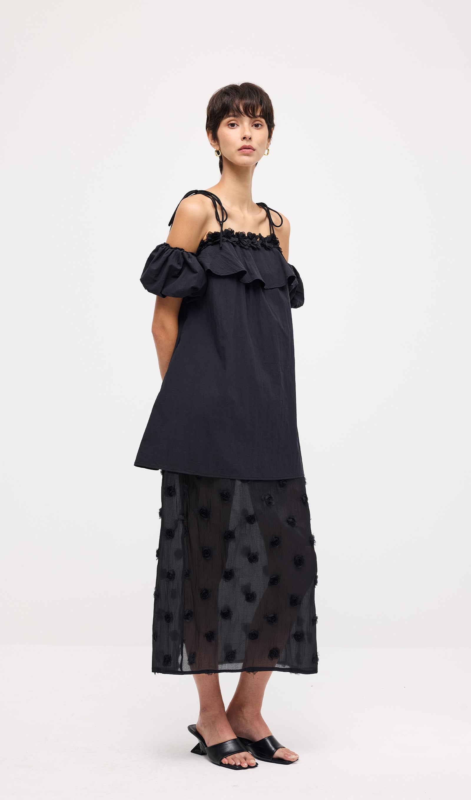 Lace Up Off Shoulder Paneled Midi Dress