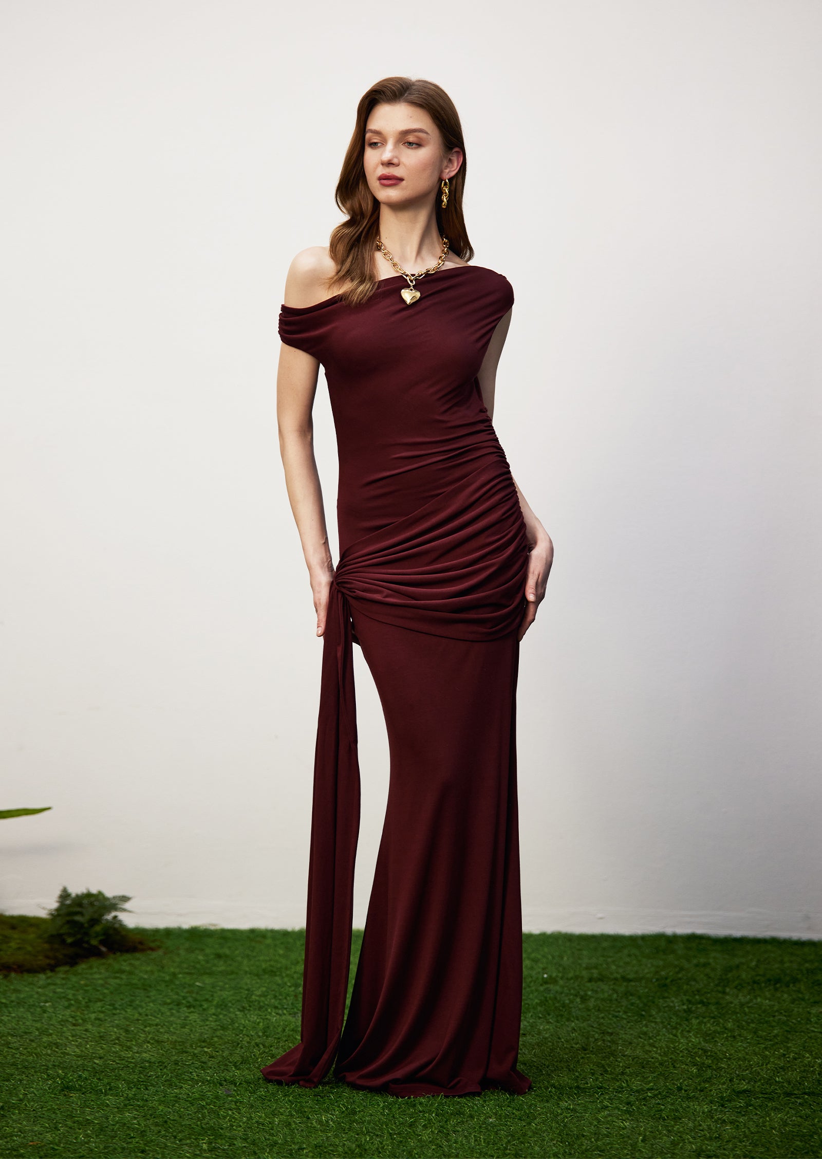 Solid Slinky Fishtail Maxi Dress - Mahogany