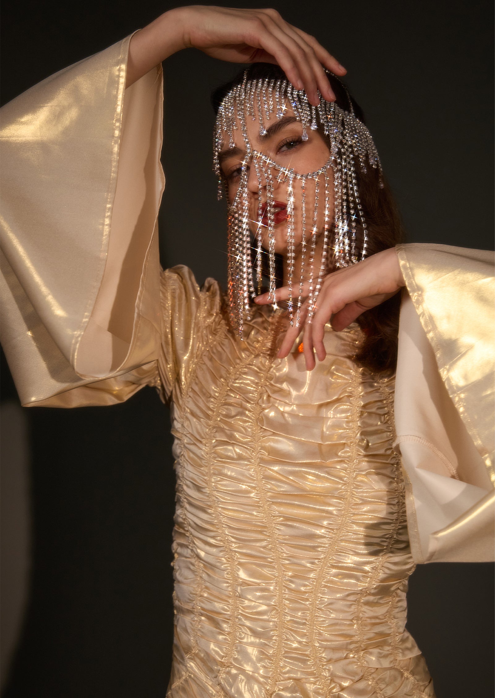 Solid Metallic Elasticated Gathers Maxi Dress