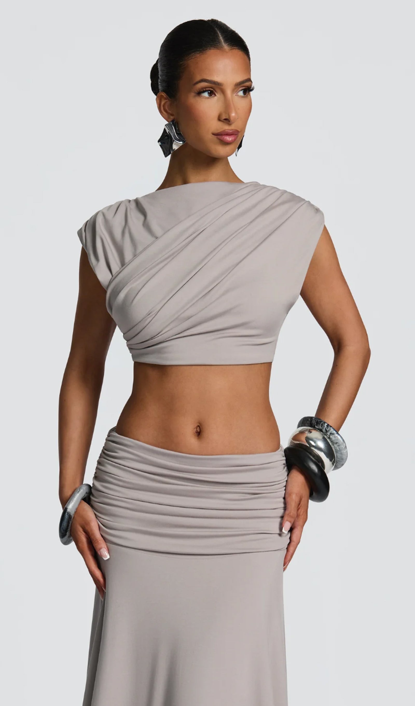 High Boat Neckline & Maxi Drape Skirt Set In Grey