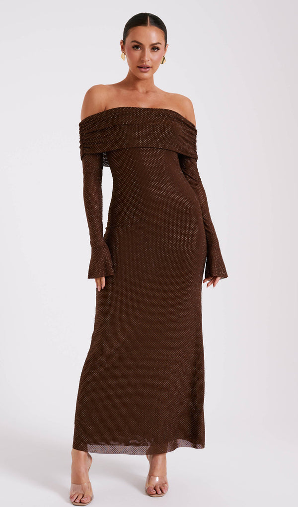 Off Shoulder Diamante Maxi Dress In Chocolate