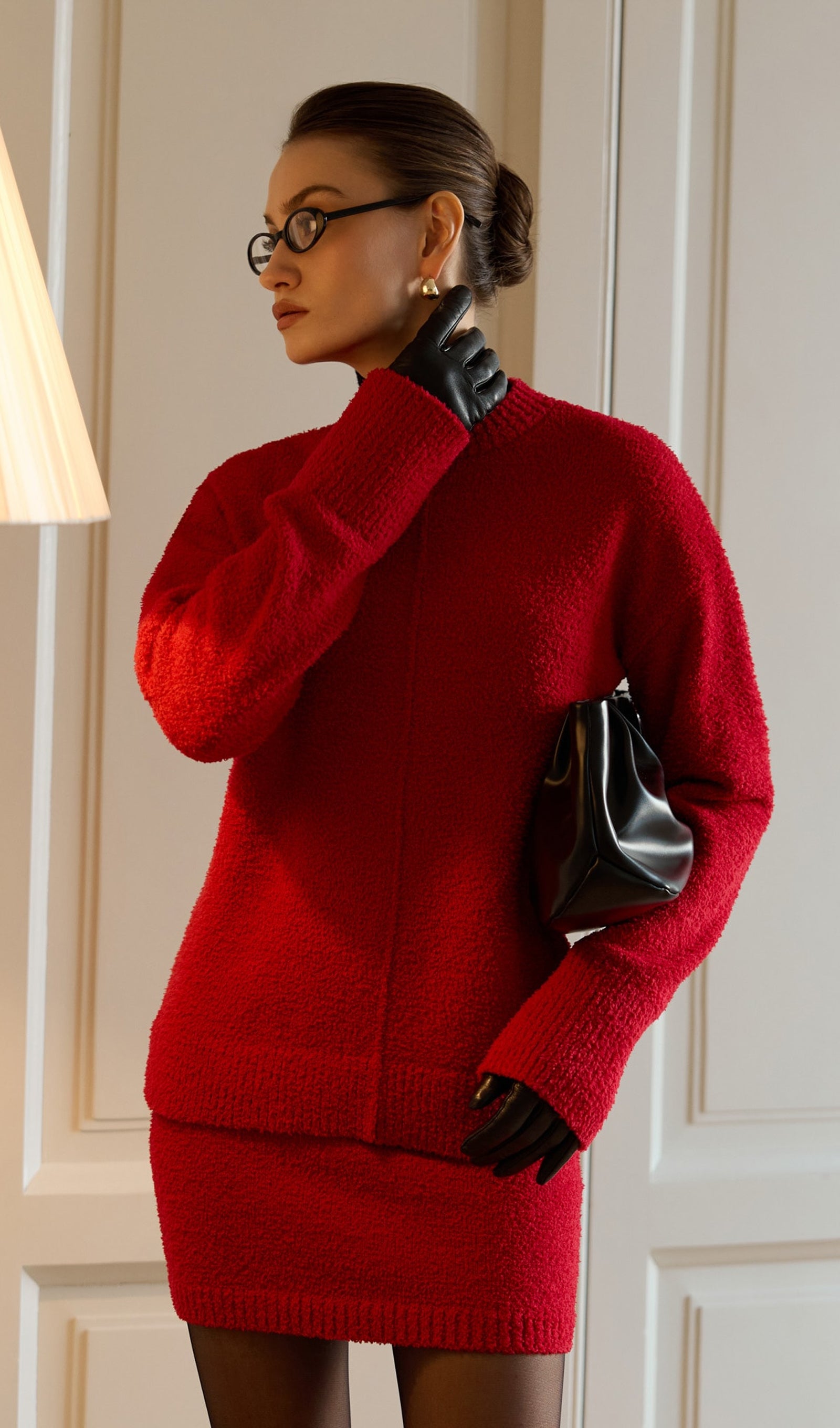 Textured Knitted Jumper & Mini Skirt Set Red